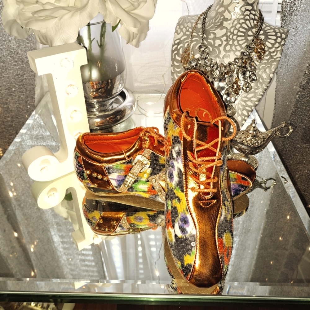 Orange with multi color sequin and rhinestones with gold sneakers